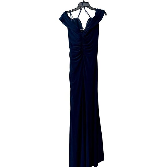 New La Femme Size 10 Off the Shoulder Ruched Floor Length Gown Navy - Picture 12 of 13